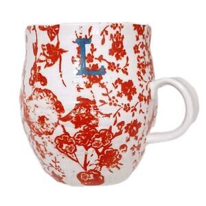 ANTHROPOLOGIE Homegrown Coffee Cup Red Bird Floral Monogram Letter L Initial Mug